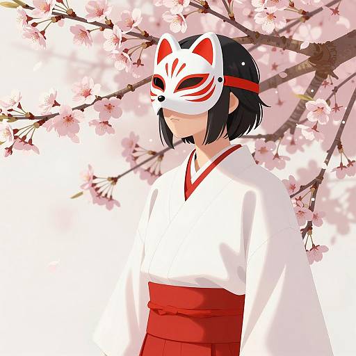 Mystical Cherry Blossom Scene with Fox Mask