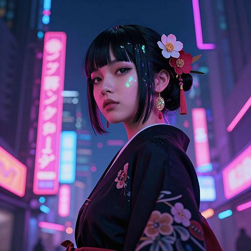 Digital artwork of an Asian woman with black bob, neon lights, floral kimono, and hairpin in a neon-lit urban night scene.