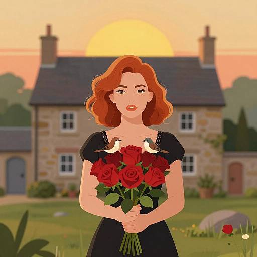 Vibrant Woman with Roses and Birds