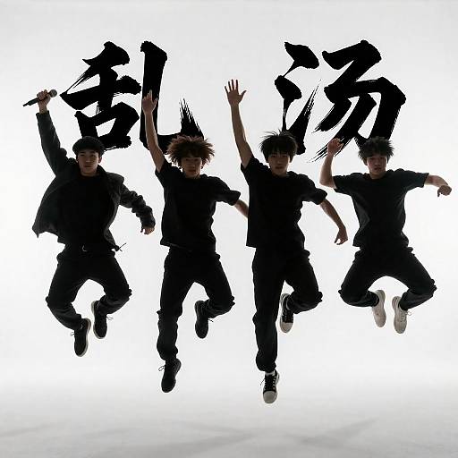 Silhouetted Dancers Against Kanji Backdrop