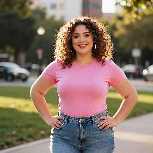 Photograph of a smiling, curvy, dark-haired woman with curly hair, wearing a pink t-shirt and blue jeans, standing on a sunny park