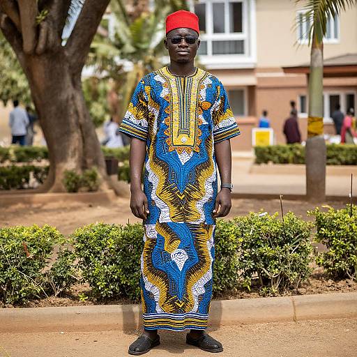 Photograph of a Black man standing outdoors, wearing a vibrant blue, yellow, and white patterned dashiki with a red cap, in a sun