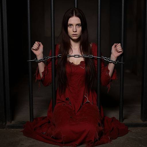 Photograph of a pale, long-haired woman in a tattered red dress, kneeling with shackles on her wrists, in front of dark metal bars