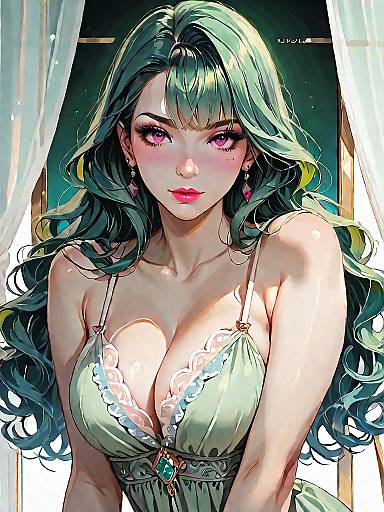 Woman in Emerald Green Satin Chemise