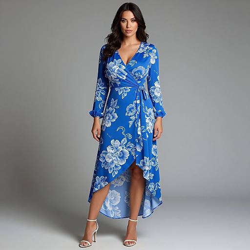 Photograph of a dark-haired woman in a blue floral wrap dress with white flowers, V-neck, long sleeves, and a thigh-high hem, standing