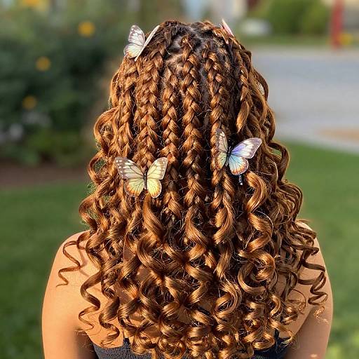 Photograph of a woman with curly brown hair adorned with two white butterflies, viewed from behind, in a sunny outdoor setting.