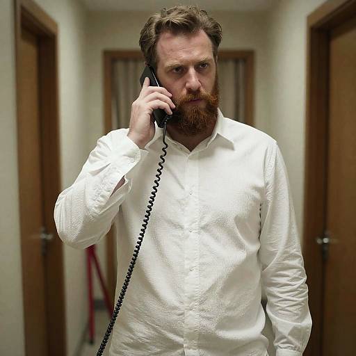 Focused Bearded Man in Dim Hallway