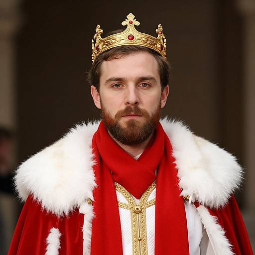 Photograph of a bearded man with a serious expression, wearing a gold crown, red and white fur-trimmed royal robe, and red scarf