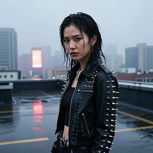 Fierce Woman in Spiky Jacket on Rainy Rooftop