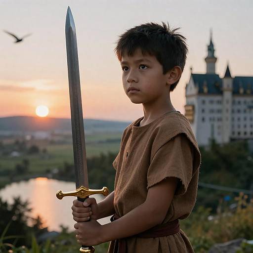 Young Boy Holding Golden Sword at Sunset