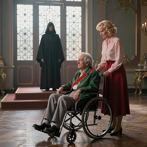 Elderly man in wheelchair with caregiver in ornate room