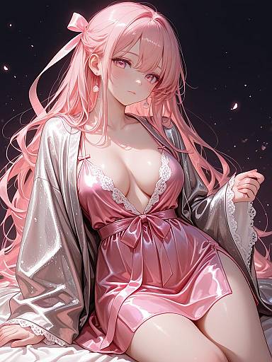 Pink Silk Boudoir Robe Anime Girl
