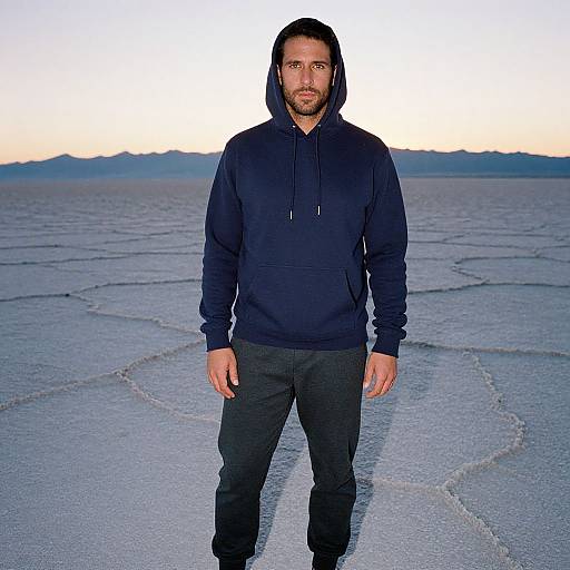Photograph of a bearded man with medium build, wearing a dark blue hoodie and black pants, standing on a cracked salt flat at sunset.