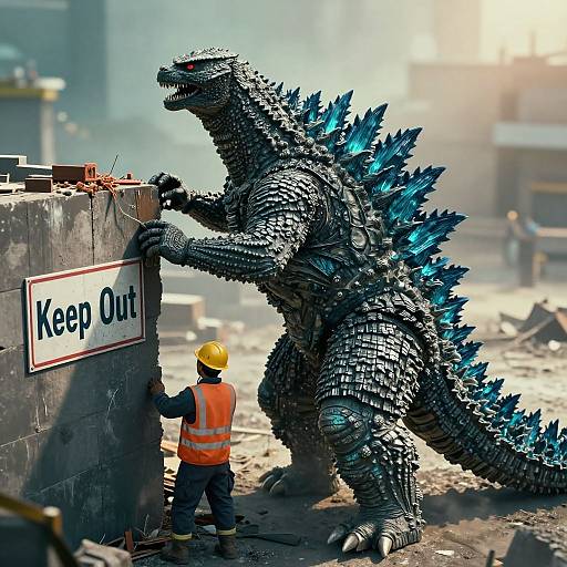 Photorealistic CGI of a giant, blue-spiked Godzilla standing next to a construction worker in an orange vest, pointing at a 