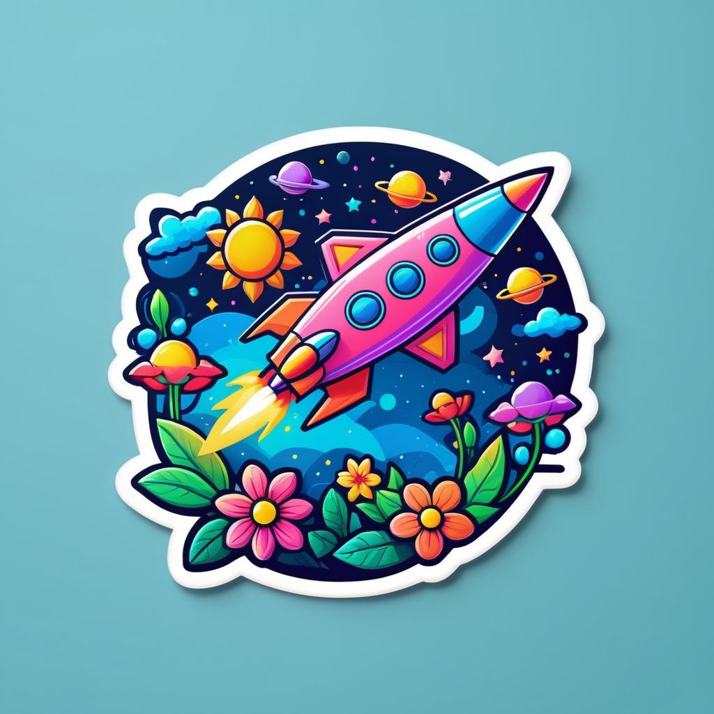 Whimsical Kawaii Spaceship Sticker Design