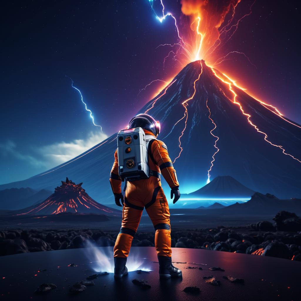 Cinematic Astronaut Amidst Erupting Volcano