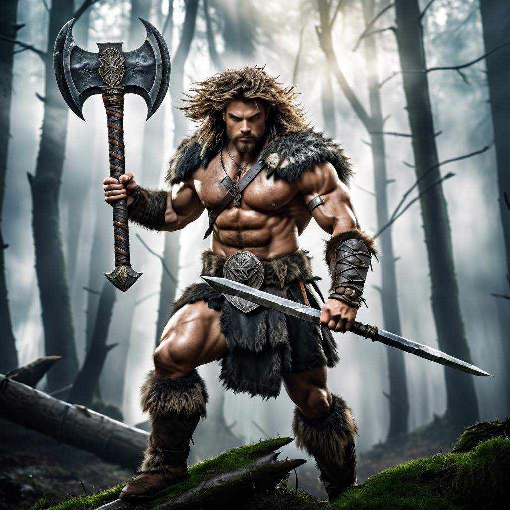 Fierce Barbarian in Forest Battle