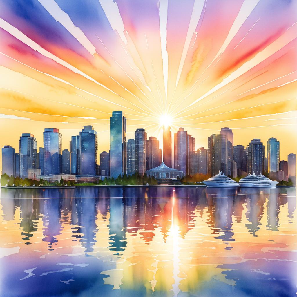 Vancouver Sunset Skyline in Watercolor