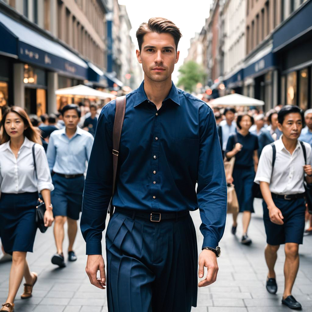 Navy Blue Skirted Man in Urban Setting