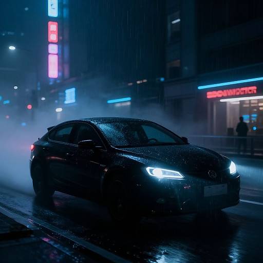 Photograph of a sleek, black, rain-soaked car with bright headlights driving through a neon-lit, rainy urban street at night.