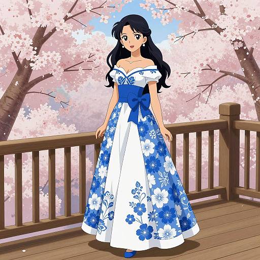 Digital anime-style drawing of a black-haired woman in a blue and white floral off-shoulder dress, standing on a wooden balcony with cherry blossom trees