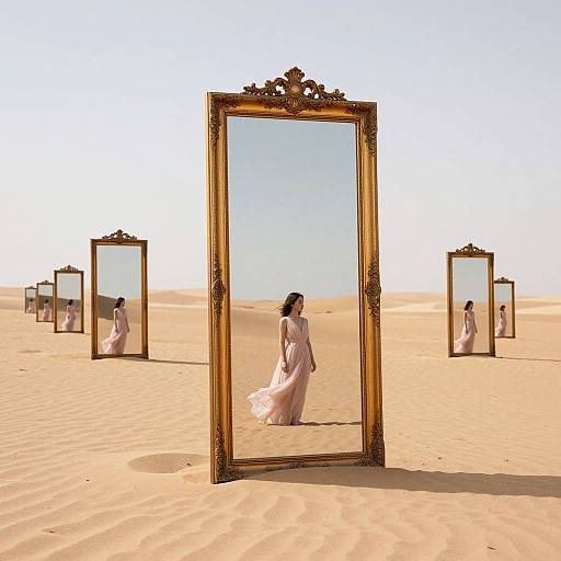 Photograph of a woman in a flowing white dress reflected in ornate, gold-framed mirrors standing in a vast, sandy desert under a clear blue
