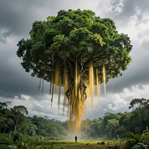 Digital artwork of a massive tree with hanging golden vines, set against a cloudy sky, with a small figure standing at its base in a lush forest.