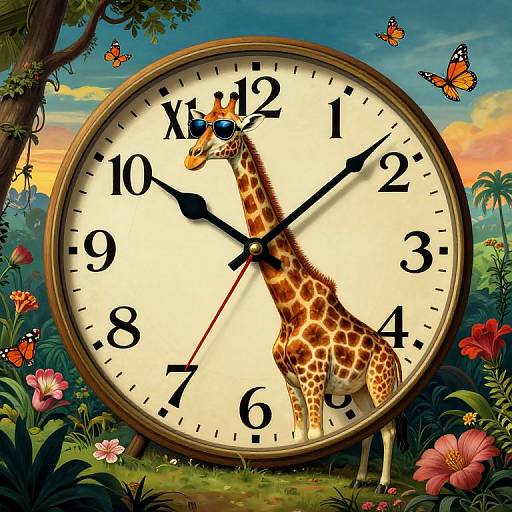 Photorealistic digital art of a clock with a giraffe as the hour hand, surrounded by vibrant jungle flowers and butterflies.