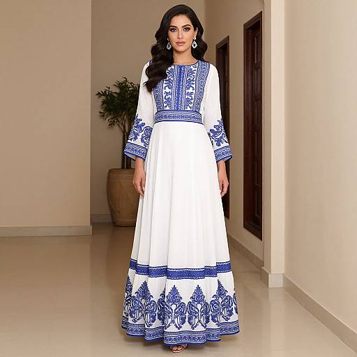 Photograph of a South Asian woman with long black hair, wearing a white traditional long dress with blue embroidery, standing in a minimalist hallway with beige walls