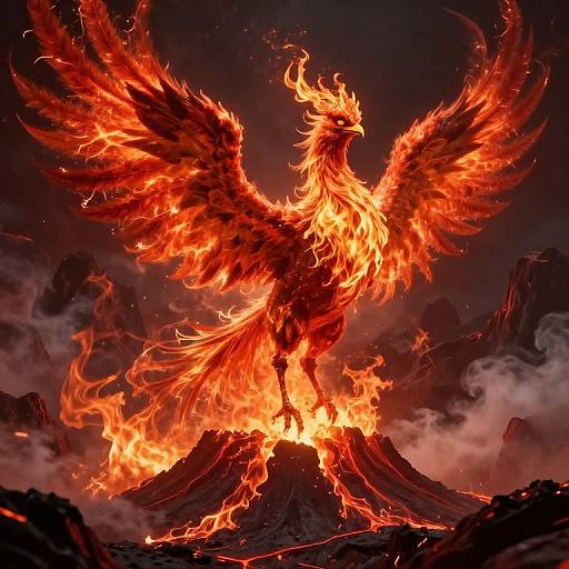 Digital artwork of a fiery phoenix with blazing red and orange wings, standing on a volcanic peak surrounded by dark, smoky mountains.