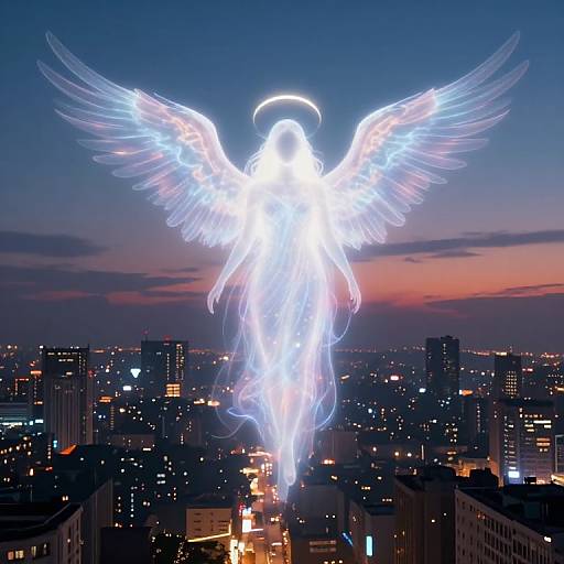 Photograph of a glowing, ethereal, white angel with outstretched wings hovering above a cityscape at dusk, illuminated against a twilight sky.