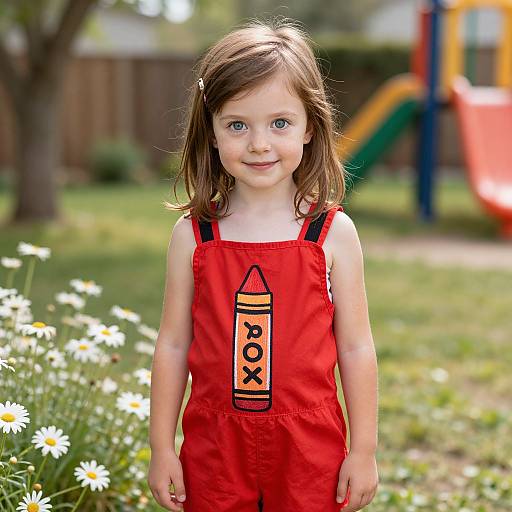 Photograph of a smiling young girl with brown hair, wearing a red overalls dress with a 
