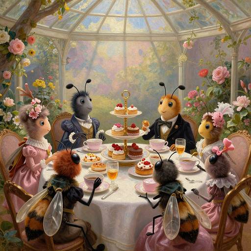 Digital painting of six anthropomorphic bees in Victorian dresses, dining elegantly in a sunlit, floral greenhouse, enjoying cake and tea.