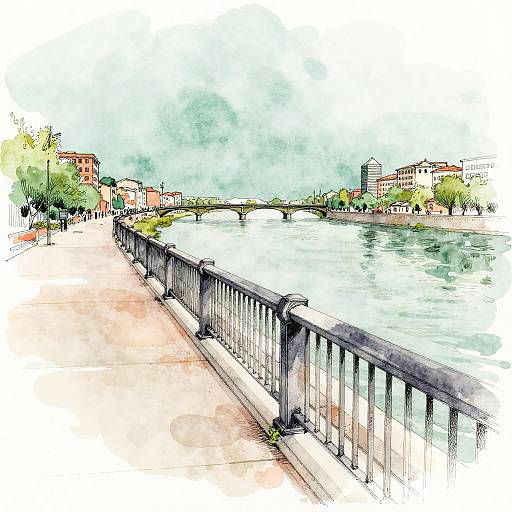 Watercolor Riverside Promenade with Bridge