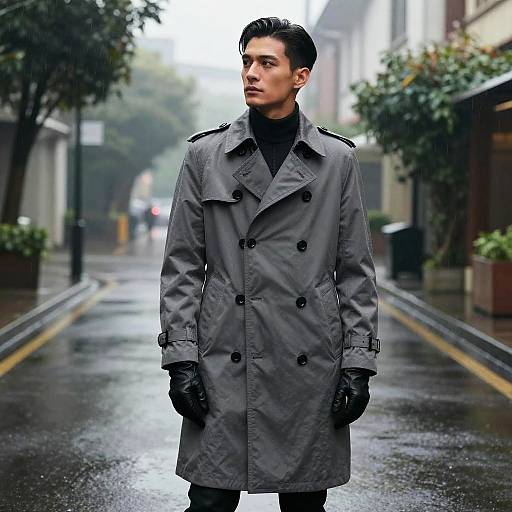 Confident Man in Rainy Urban Scene