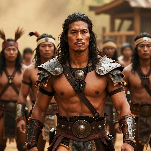 Muscular Warrior Surrounded by Tribesmen