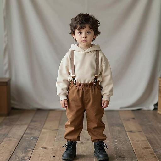 Young boy in beige hoodie and brown suspenders