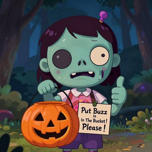 Happy Zombie Girl with Pumpkin Bucket