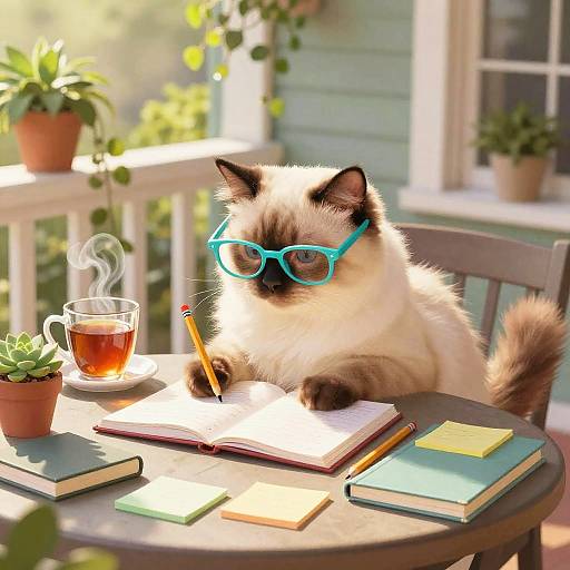 Cozy Cat Doing Homework in Sunlit Veranda