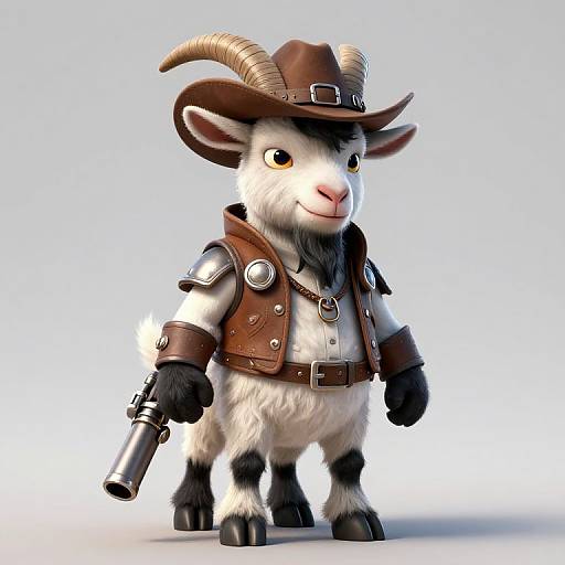 CGI image of a cute, white-furred goat with black markings, wearing a brown cowboy hat, leather vest, and holding a silver revolver.