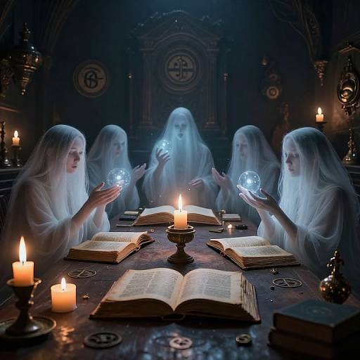 Photograph of five ghostly white-robed women with glowing orbs, seated around a dimly lit, candle-lit table with open books.
