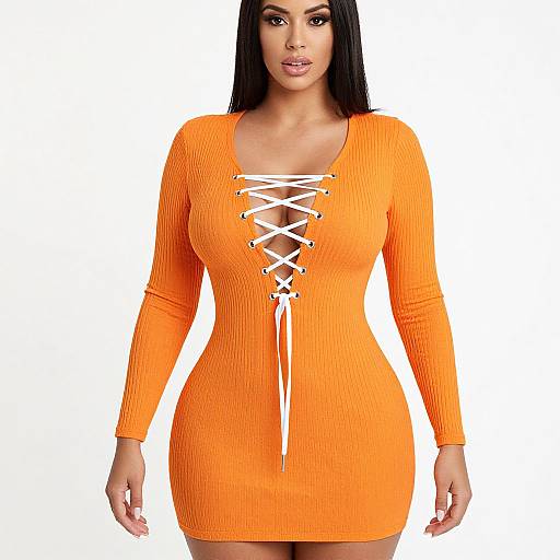 Photograph of a woman with long black hair, wearing a form-fitting, ribbed, orange long-sleeve dress with a white lace-up