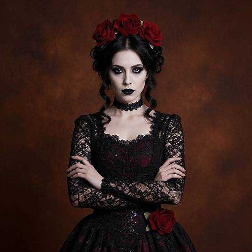 Gothic-style photograph of a pale woman with black lace dress, red roses in hair, dark makeup, crossed arms, against brown background.