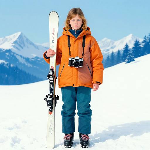 Photograph of a young girl with blonde hair, wearing an orange jacket, holding a snowboard and camera, standing in snowy mountains.