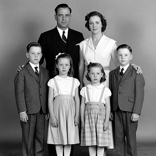 Black-and-white photograph of a 1940s family: father in suit, mother in white blouse, two boys in suits, two girls in dresses