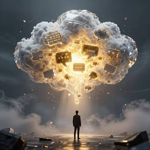 Digital artwork of a silhouetted man facing a massive, glowing cloud filled with floating, illuminated computer servers against a dark, cloudy sky.