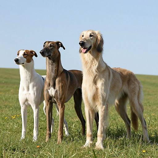 Photograph of three sighthounds: white with brown patches, brown brindle, and golden, standing on green grass under a clear blue sky.