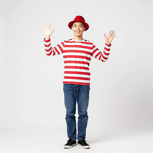 Young Man in Waldo Costume Raising Hands