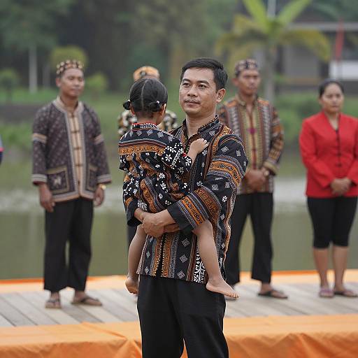 Asian Man Holding Child in Traditional Clothing Outdoors