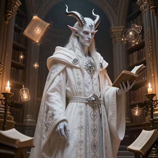Digital art of a white-haired, pale-skinned demon with black horns, wearing a white, embroidered robe, reading a book in a dimly lit